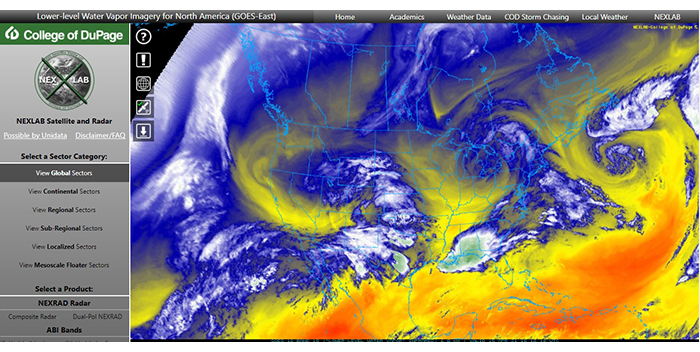 Image shows satellite image of water vapor over the United States with blue and yellow colors